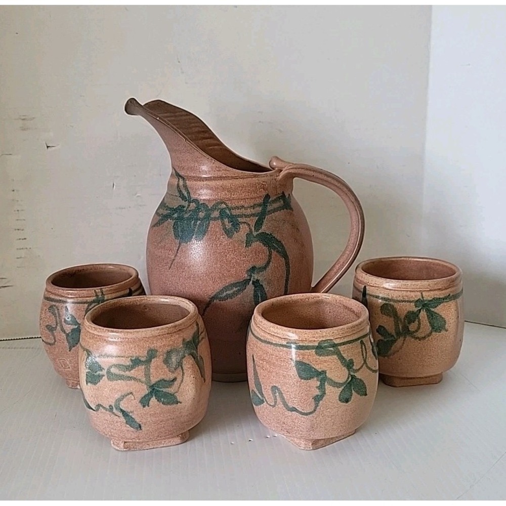 Dick Lehman Art Pottery Coffee Pot Pitcher With 4 Cups, Goshen Indiana, Signed